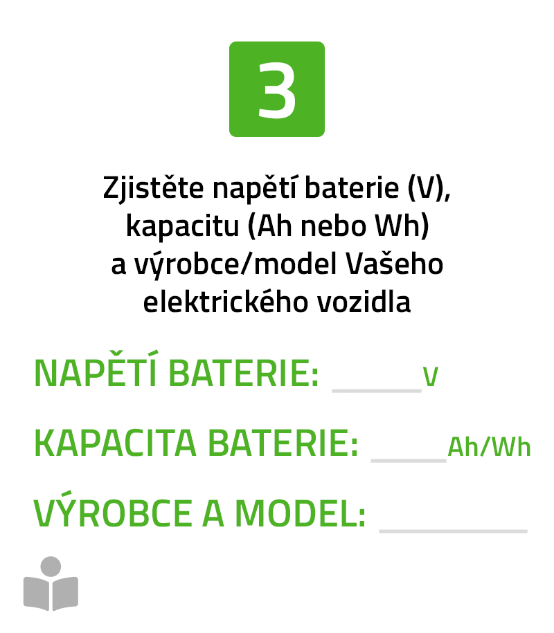 Zjistěte napětí baterie (V), kapacitu (Ah nebo Wh) a výrobce/model Vašeho elektrického vozidla